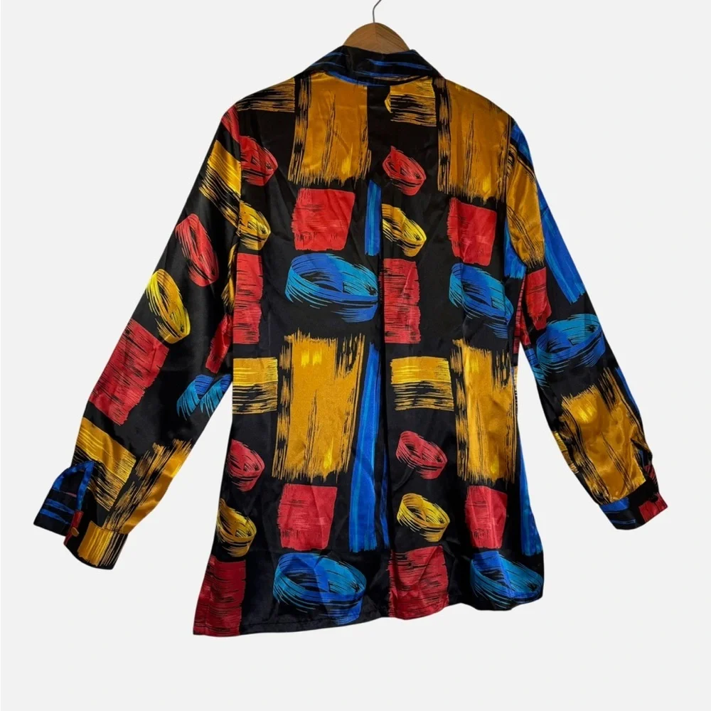 VTG 80s/90s Satiny Statement Tunic Top Blouse S Boho Disco ArtCore 70s Revival - Picture 4 of 6